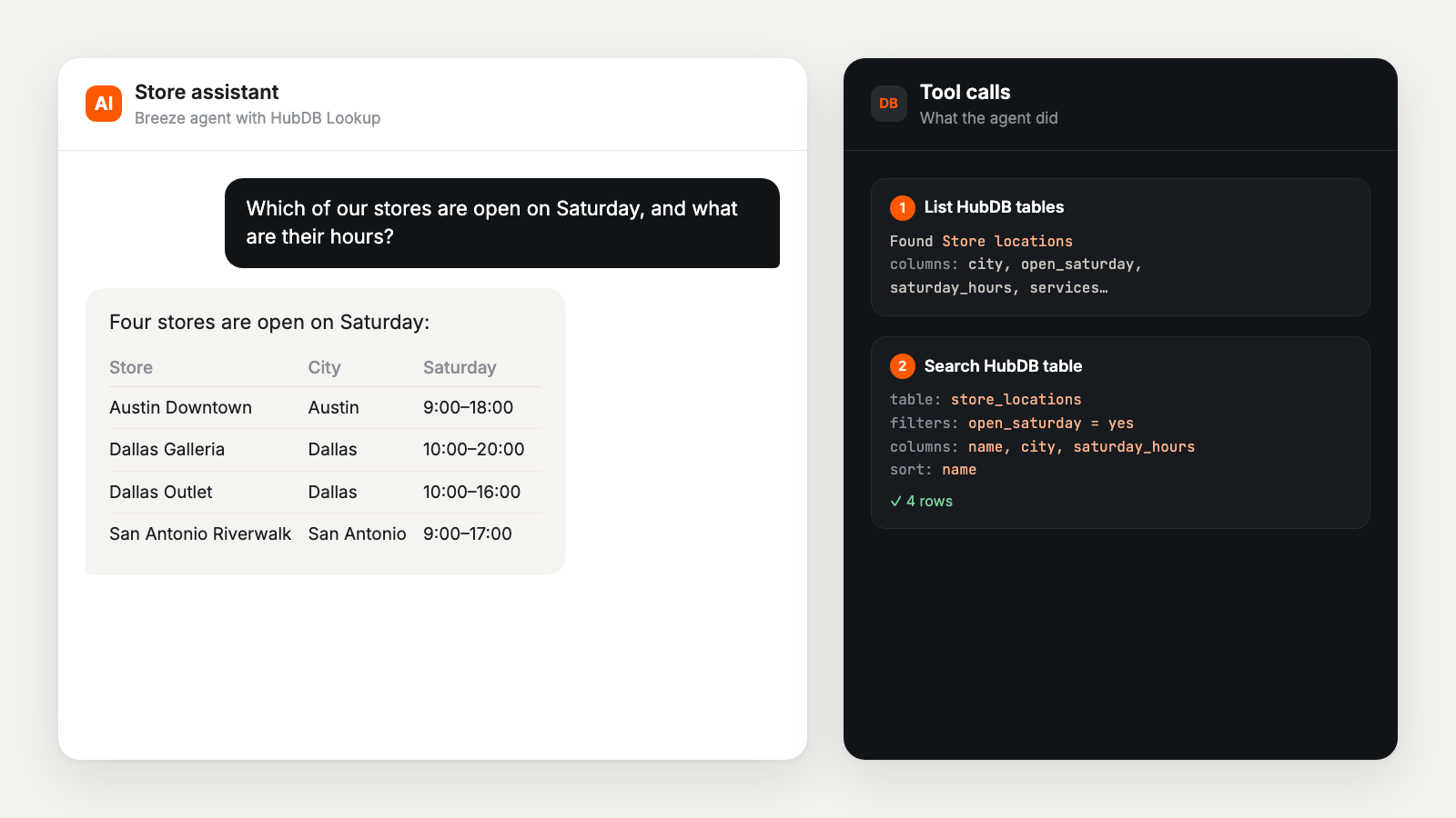 A Breeze agent answers which stores are open on Saturday by listing HubDB tables and searching the store locations table